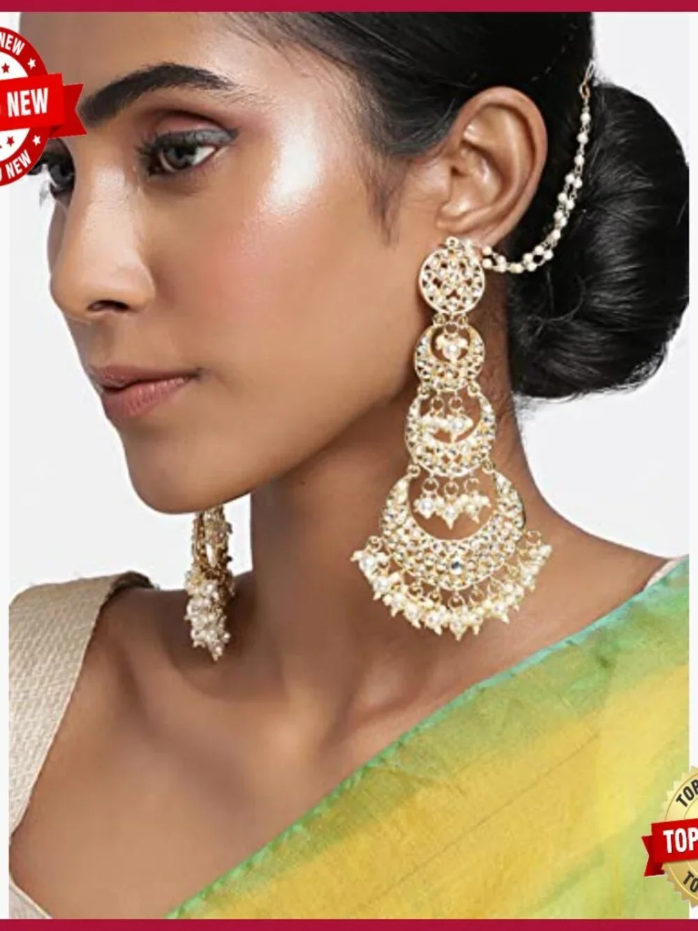 Long Kundan Pearl Studded Chandbali Earrings Traditional Indian Jewelry Gift